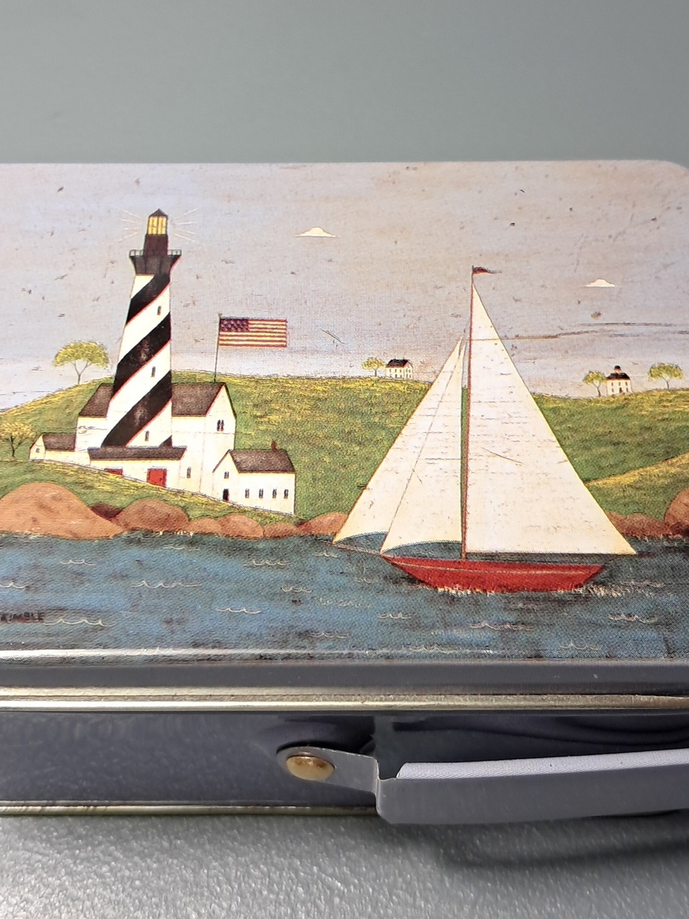 Nautical Lighthouse & Sailboat Decorative Shaker Sewing Tin - Red, White, Blue